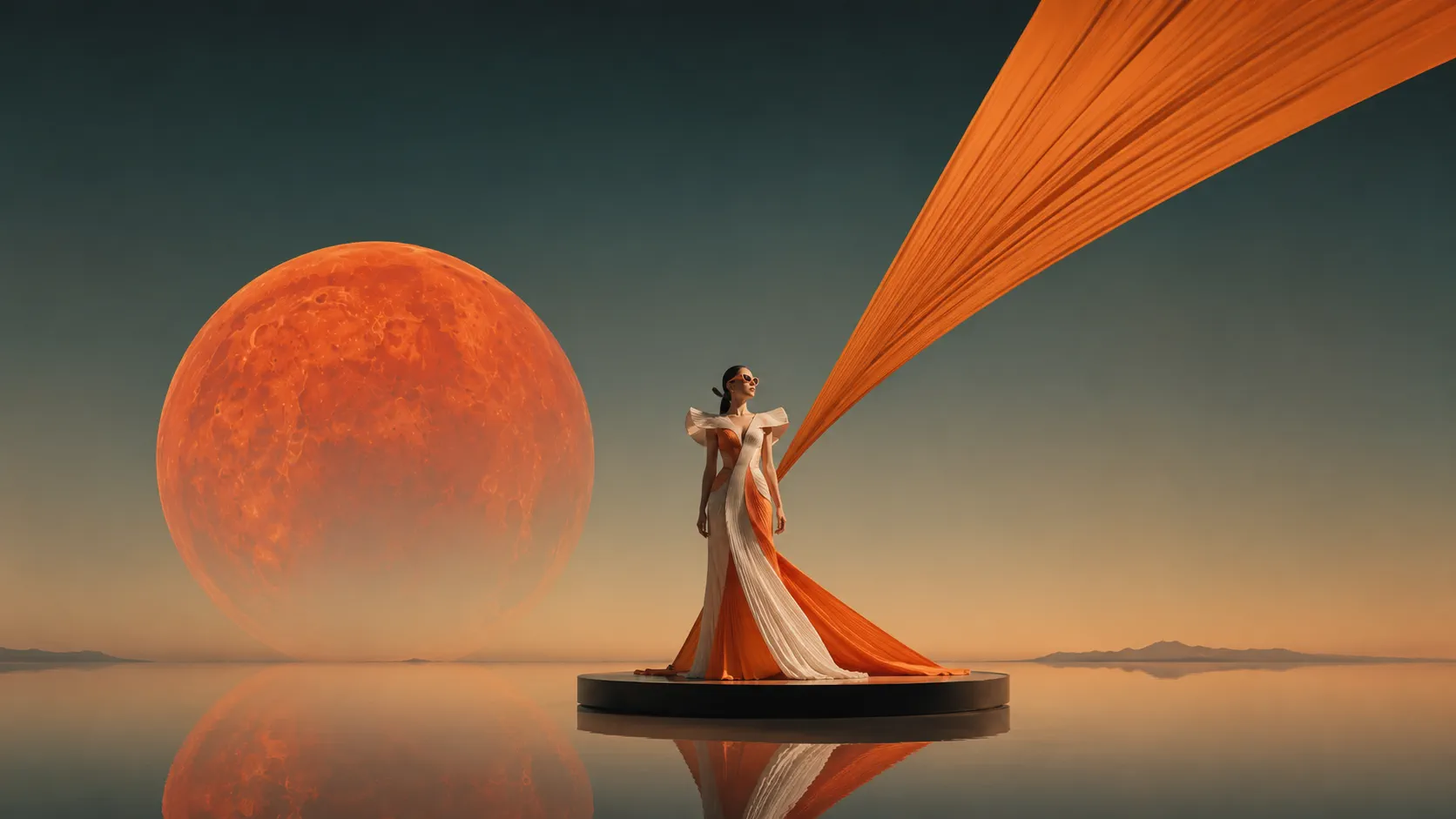 A model in an orange and ivory gown standing between a glowing planet and flowing fabric