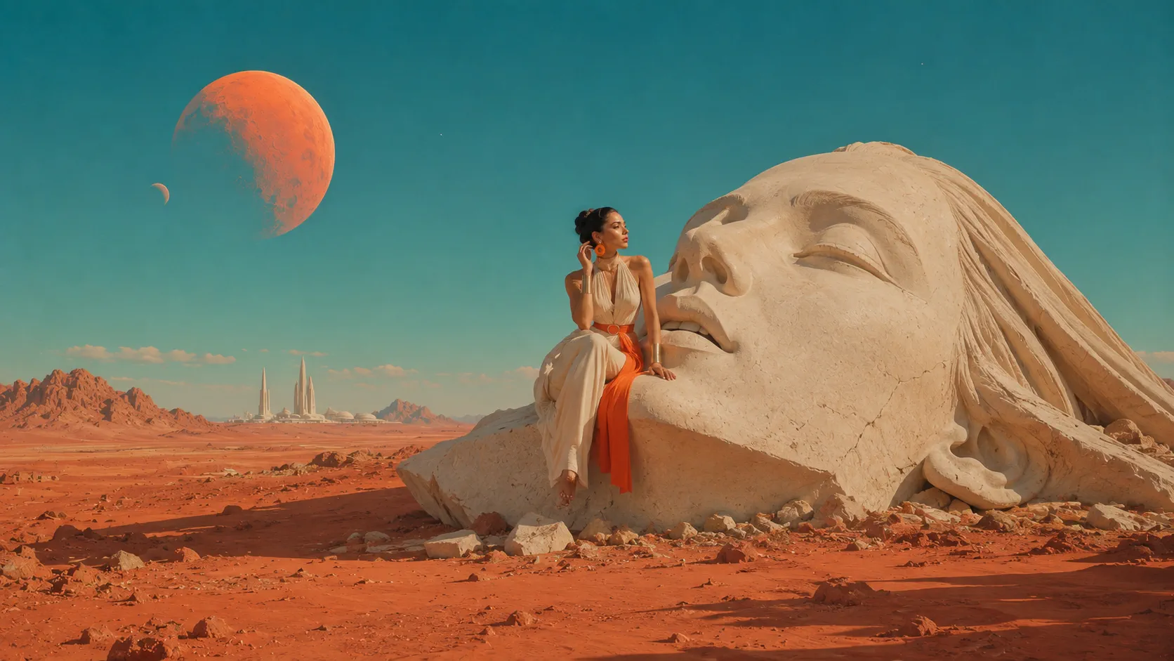 A fashion figure sitting on a monumental stone face in a Martian landscape